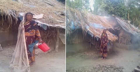 কলাপাড়ার বিধবা আকলিমার ঘরে একটুখানি বৃষ্টি হলেই গড়িয়ে পড়েপানি