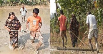 ময়মনসিংহের ভালুকায় স্ত্রী-সন্তানকে দিয়েই মই টানালেন অসহায় কৃষক